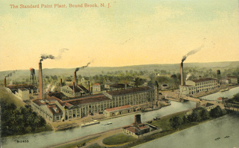 Erroneously labeled as "Bound Brook," this image depicts the Standard Paint Company plant in South Bound Brook Borough, Somerset County.  Note the A-frame swing bridge in the lower right corner of the image, and the truss bridge over the Raritan River.